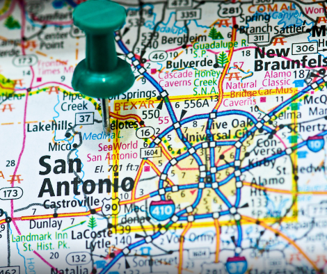 Map of San Antonio metropolitan area with a map pin placed to the northwest corner.